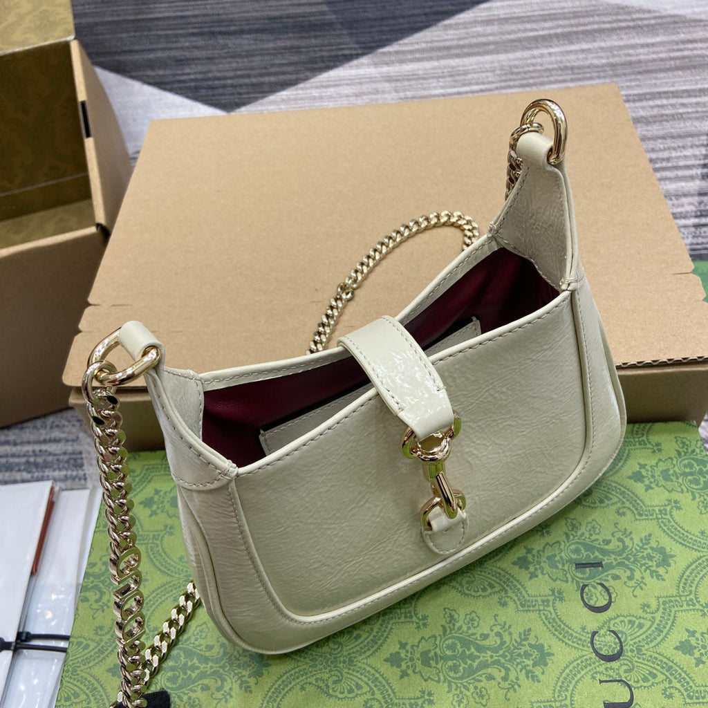 GUCCI JACKIE NOTTE MINI BAG 19 IN WHITE CRACKED LACQUER CALFSKIN GOLD HARDWARE
