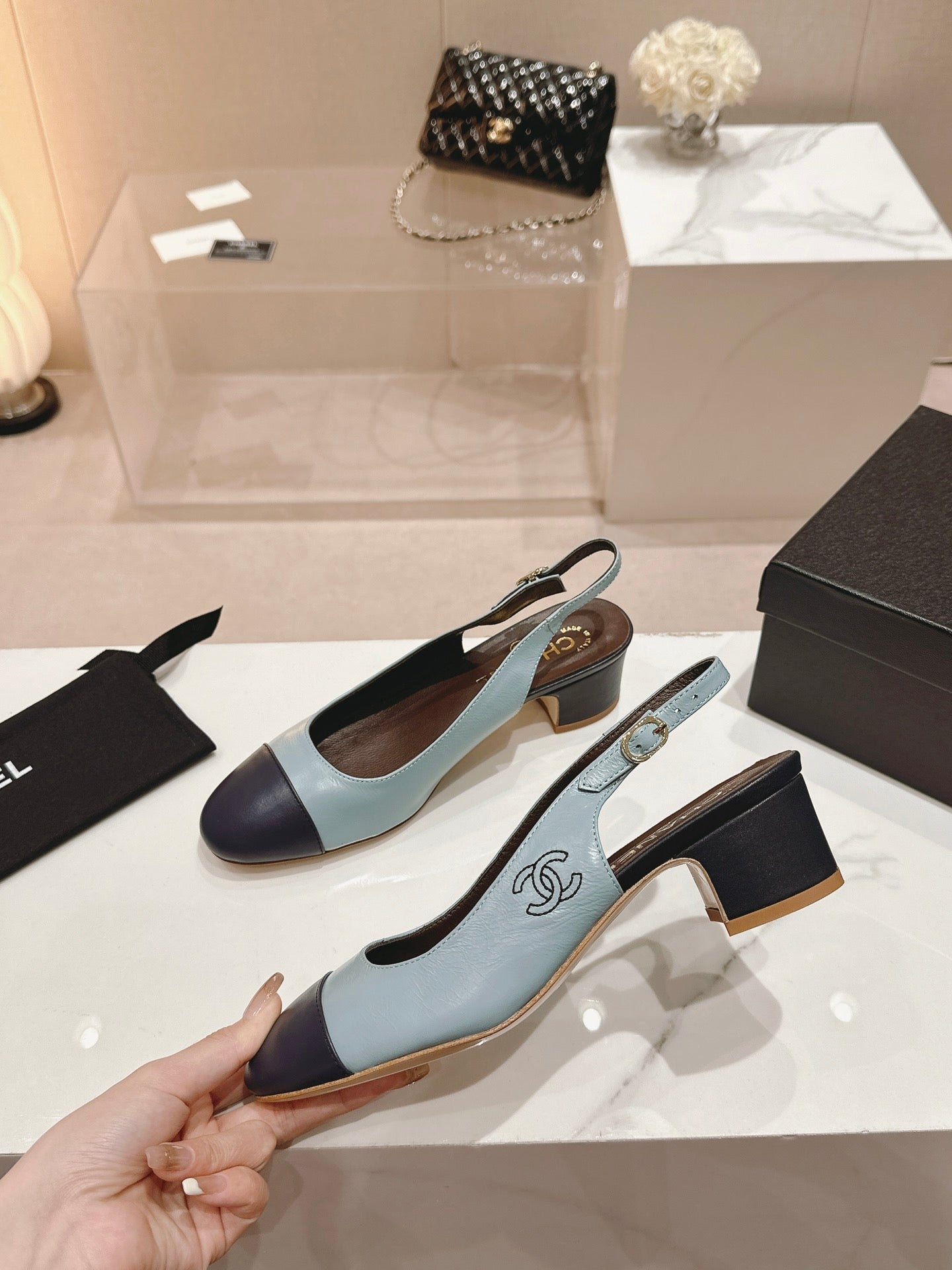 CHANEL SLINGBACKS LIGHT BLUE MIX BLACK SHEEPSKIN