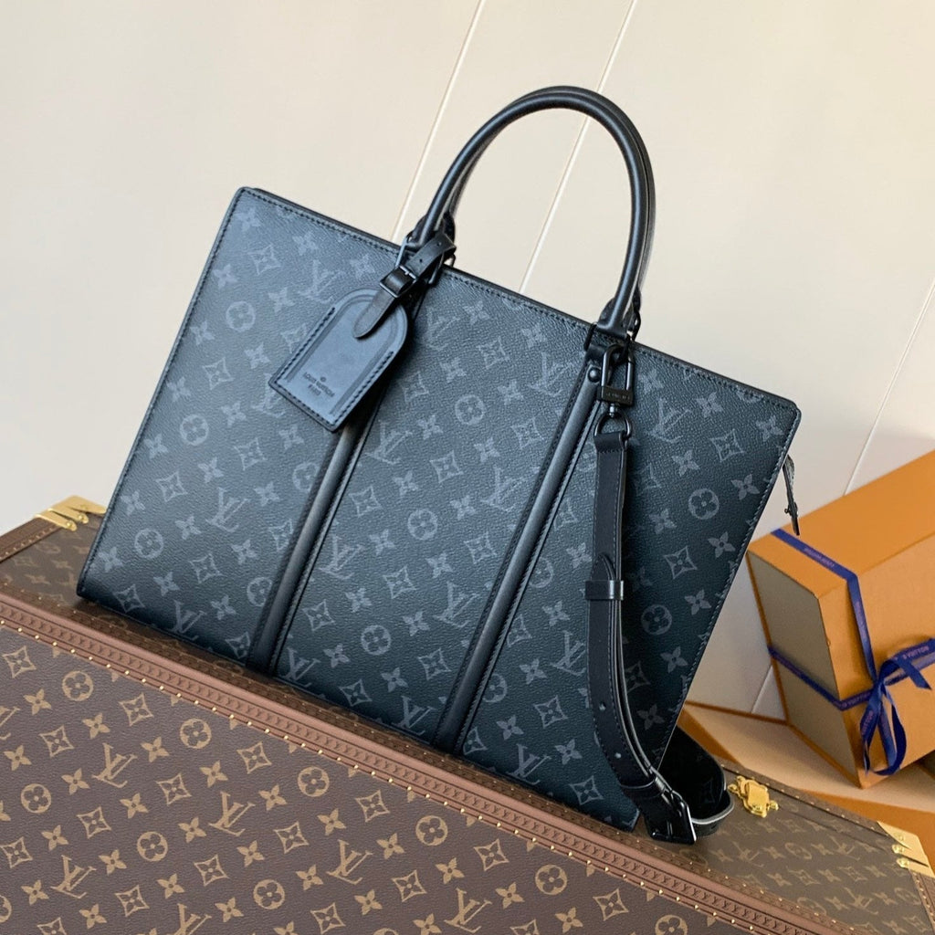 LOUIS VUITTON LV 25S SAC PLAT BAG 39 IN BLACK MONOGRAM ECLIPSE CANVAS