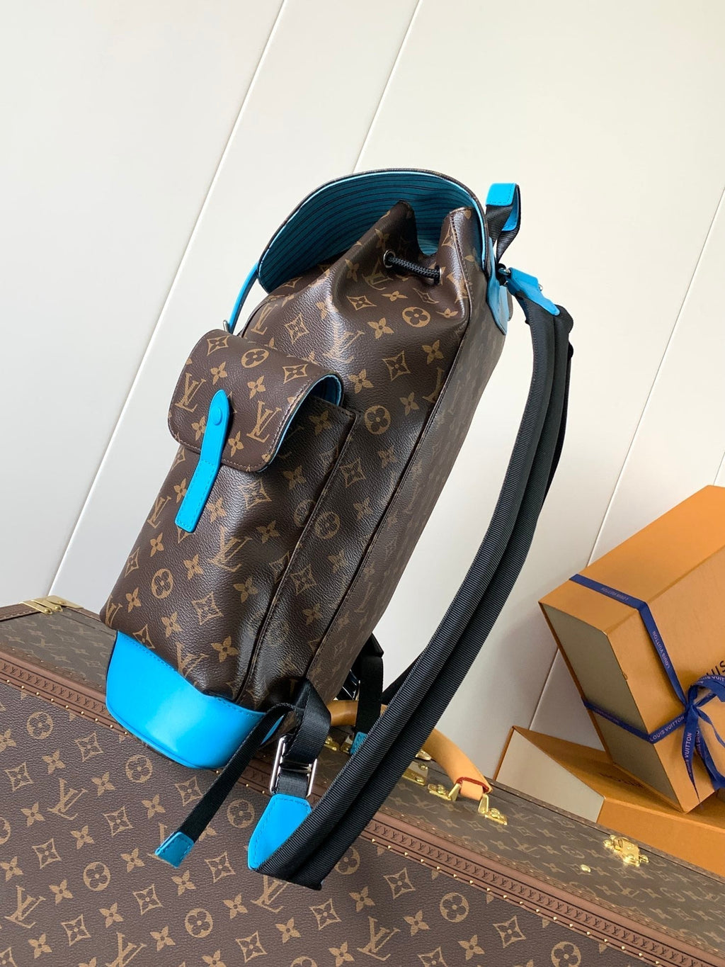 LOUIS VUITTON LV 25S CHRISTOPHER BACKPACK 48 IN BROWN AND CAPRI BLUE CANVAS MONOGRAM