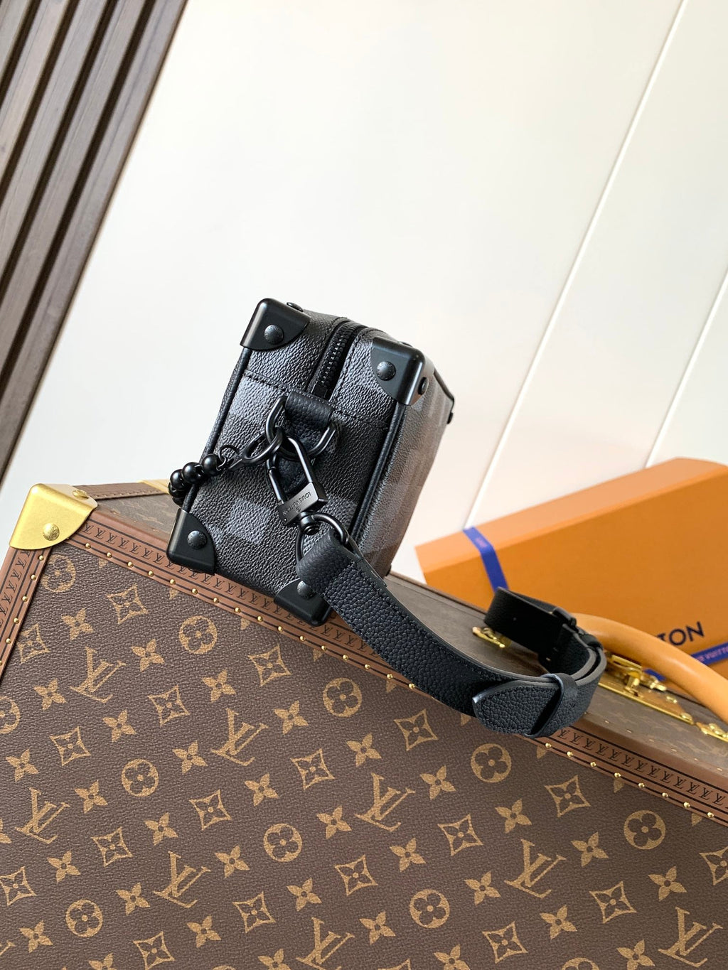 LOUIS VUITTON LV 25S MINI SOFT TRUNK BOX BAG 18 IN DAMOFLAGE BLACK CANVAS AND CALFSKIN