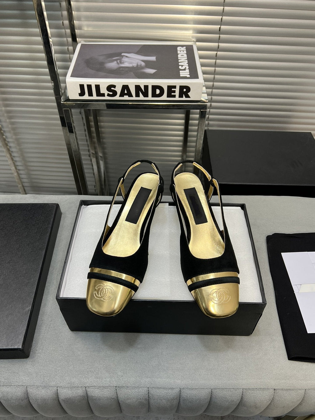 CHANEL slingback black suede gold metalic lambskin square toe 5.0
