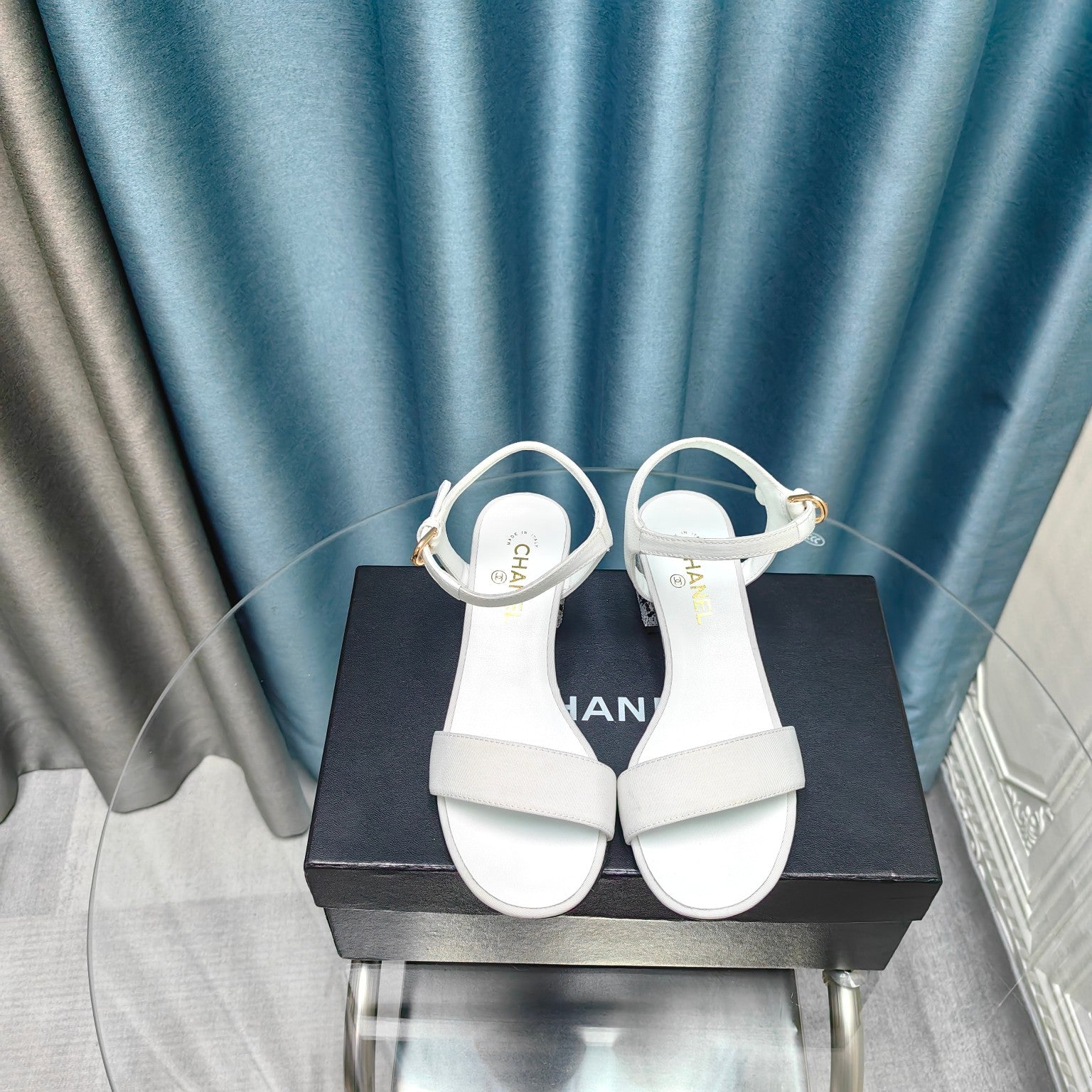 CHANEL Chunky Heel Rhinestone Sandals White Lambskin