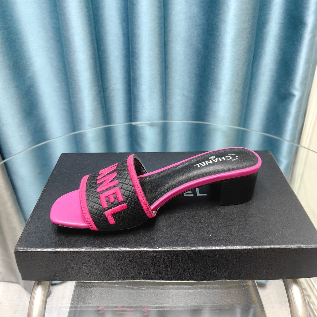 CHANEL MULE SANDAL 45 BLACK PINK FABRIC EMBROIDERY