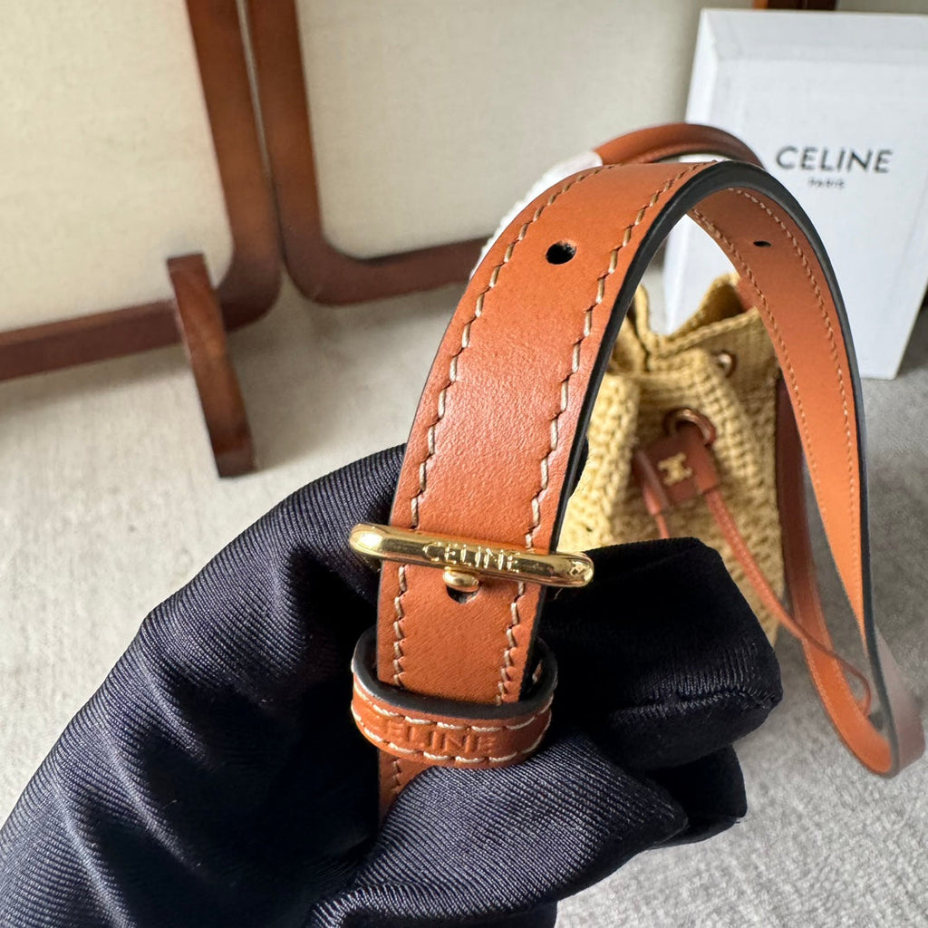 CELINE CLARA CLASSIC PANIER 25 IN BEIGE RAFFIA AND BROWN CALFSKIN