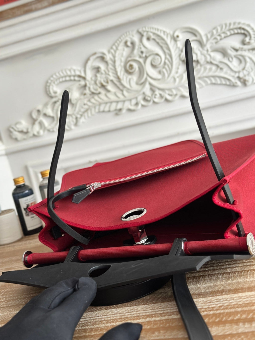 HERMES ZIP CABINE 31 BAG IN RUBY RED CANVAS AND BLACK CALFSKIN