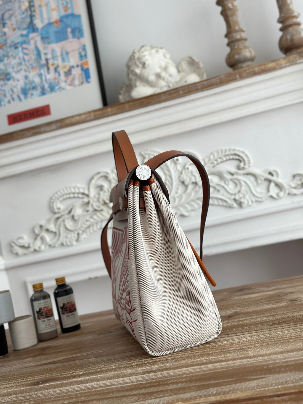 HERMES HERBAG ZIP 31 RETOURNE PEGASE POP BAG IN OFF-WHITE MIX RED CANVAS AND HUNTER COWHIDE