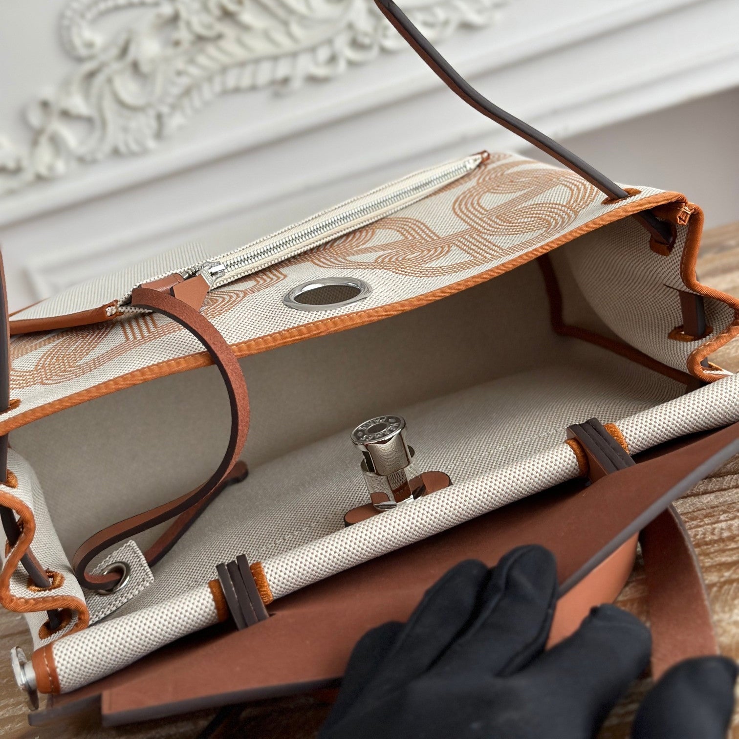 HERMES HERBAG ZIP 31 LAQUERED BAG IN OFF-WHITE MIX YELLOW H PLUME CANVAS