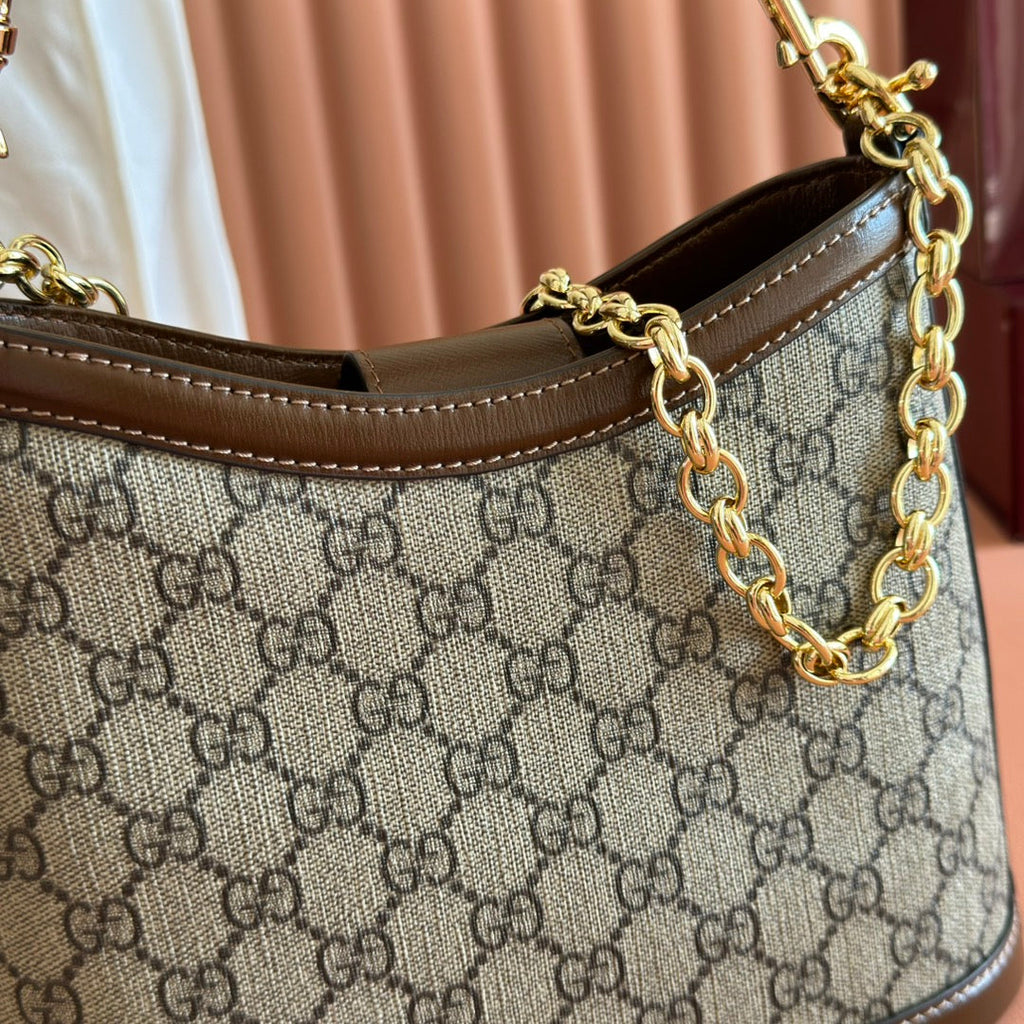 GUCCI 26S SHOULDER BAG 25 IN DARK BEIGE AND BROWN COATED CANVAS