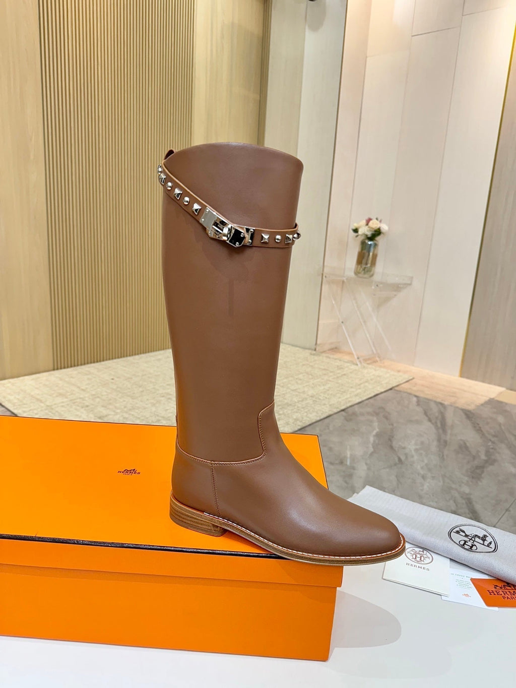 HERMES 25S KNEE-HIGH FLAT BOOTS IN BROWN LAMBSKIN WITH SILVER HARDWARE