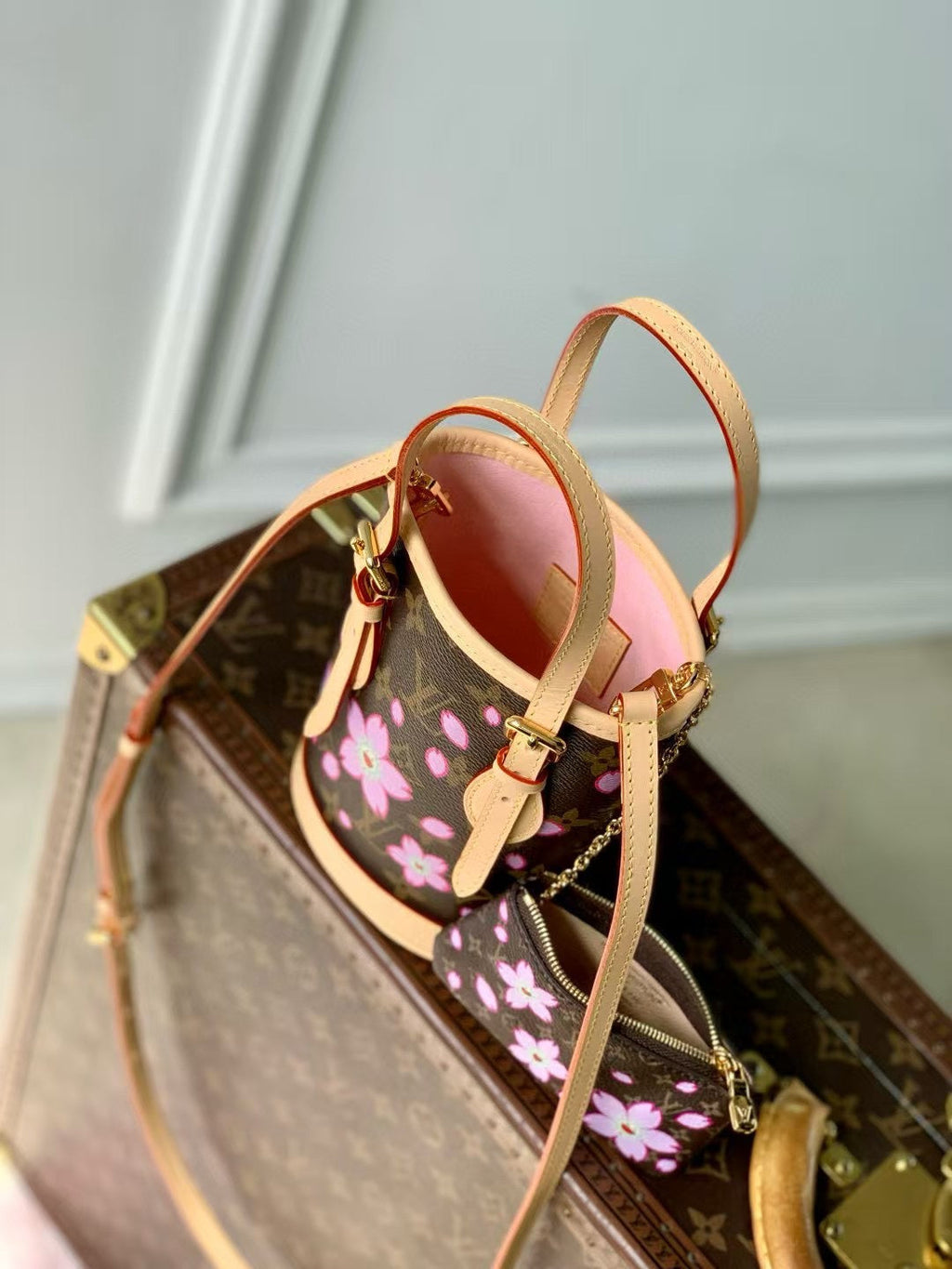 LOUIS VUITTON NANO BUCKET CHERRY BLOSSOM IN SAKURA BROWN MONOGRAM COATED CANVAS