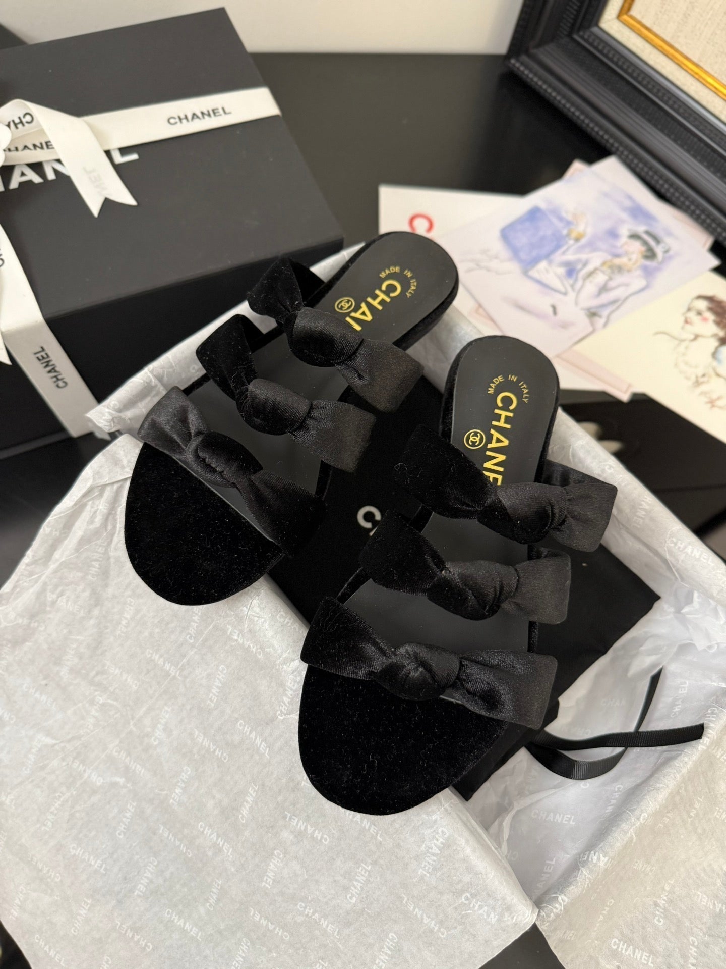 CHANEL 25C Three Strap Mule Black Velvet fabric 233559