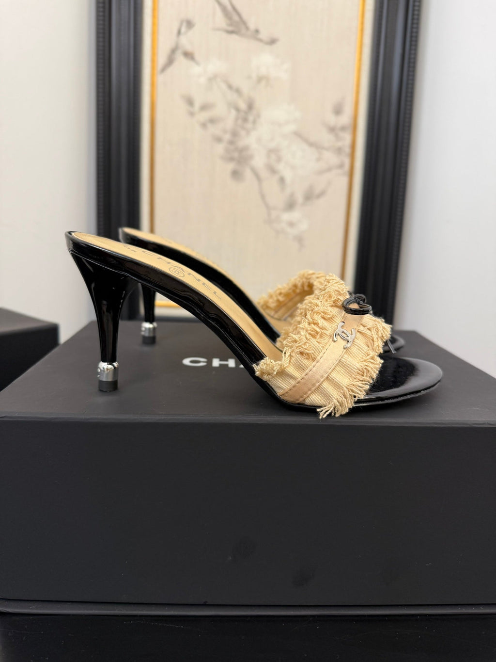 CHANEL SAND YELLOW GROSGRAIN CANVAS BOW MULE SANDALS 90 MM