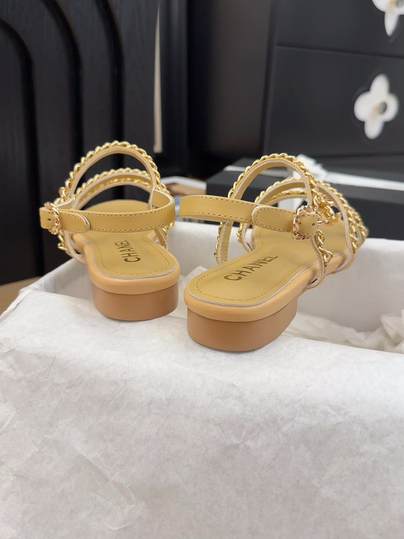 CHANEL THREE-STRAPS SANDALS IN SAND YELLOW CALFSKIN WITH GOLD HARDWARE