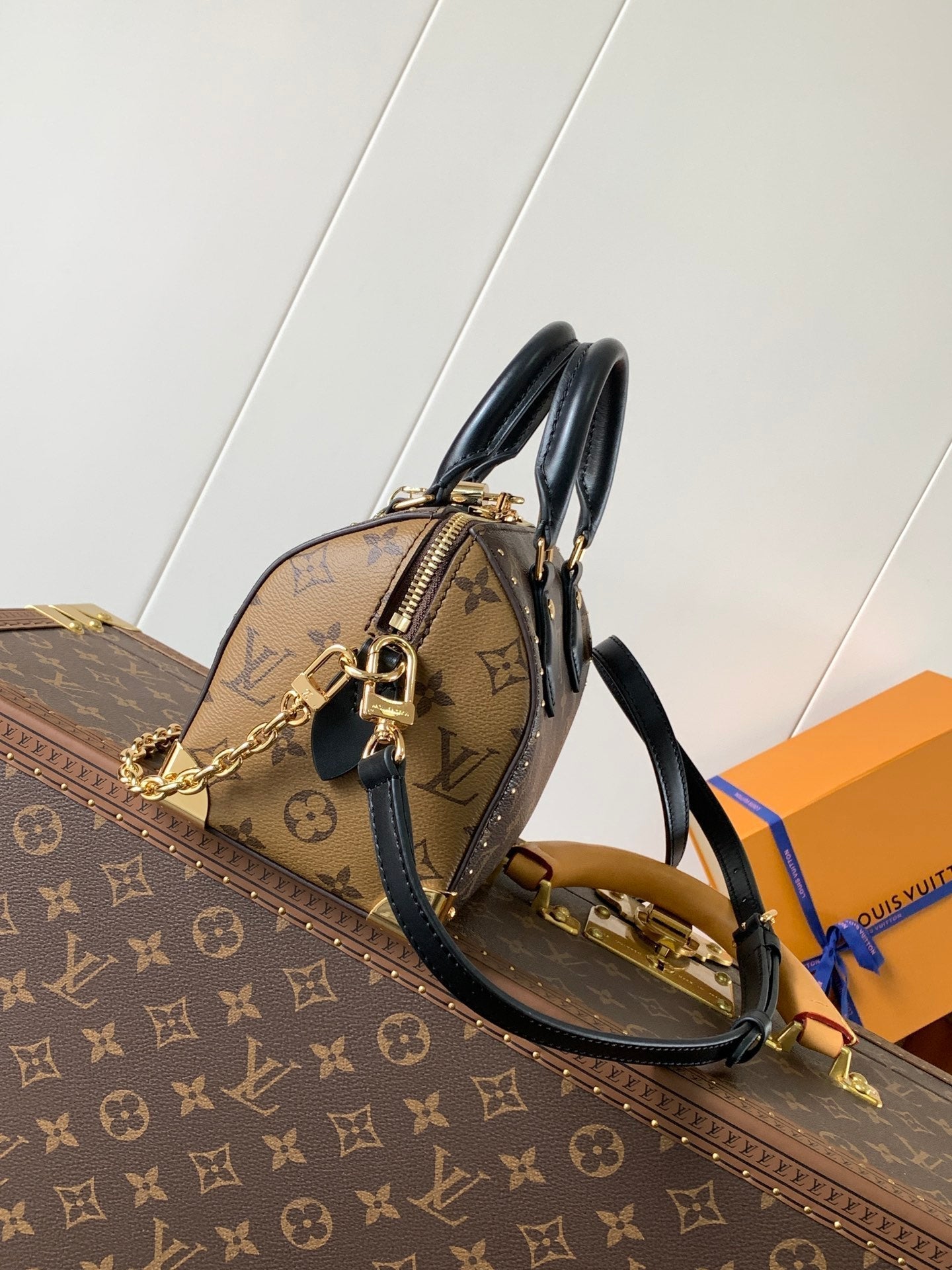 LOUIS VUITTON SPEEDY TRUNK BAG 20 IN BROWN MONOGRAM COATED CANVAS AND BLACK CALFSKIN
