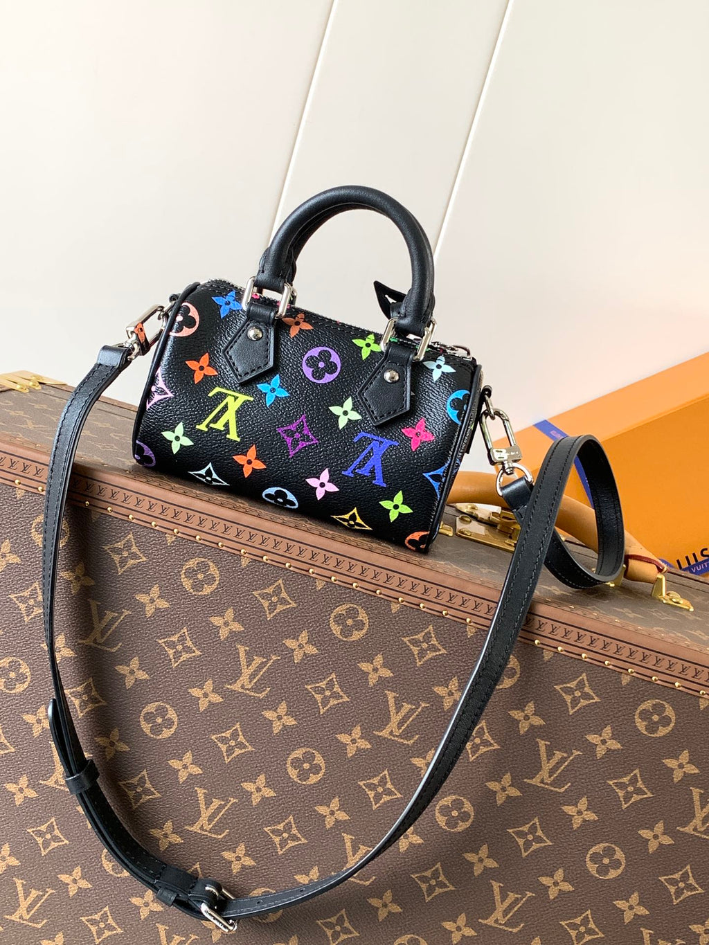 LOUIS VUITTON NANO SPEEDY BAG 16 IN COLORFUL MONOGRAM PATTERN AND BLACK COATED CANVAS