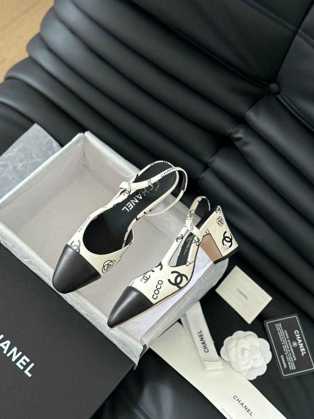 CHANEL HIGH SLINGBACK IN WHITE MIX BLACK LAMBSKIN