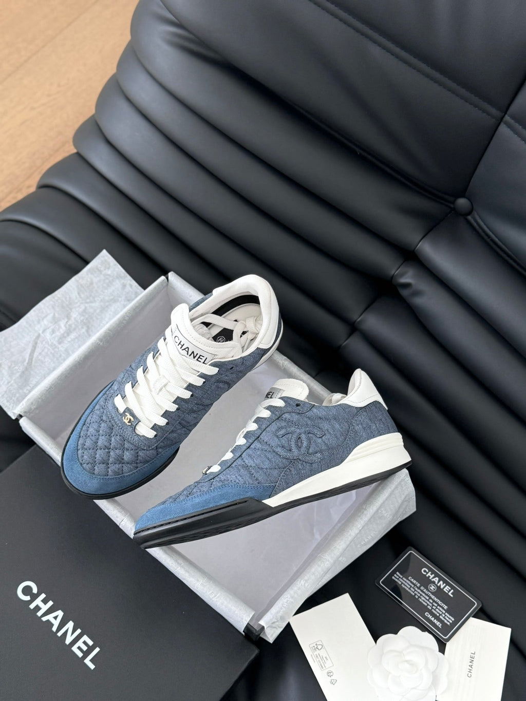 CHANEL SNEAKER IN AEGEAN BLUE MIX WHITE EMBROIDERED LAMBSKIN