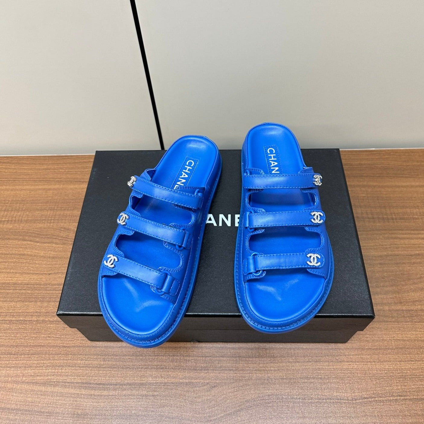 CHANEL dad sandals blue 3 rows lambskin mules