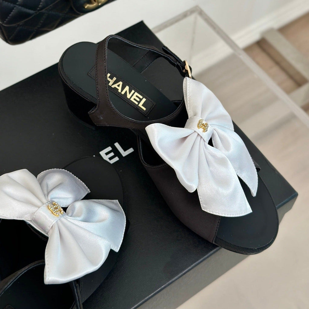CHANEL Double  Big Bow High Sandal Sheepskin Black White