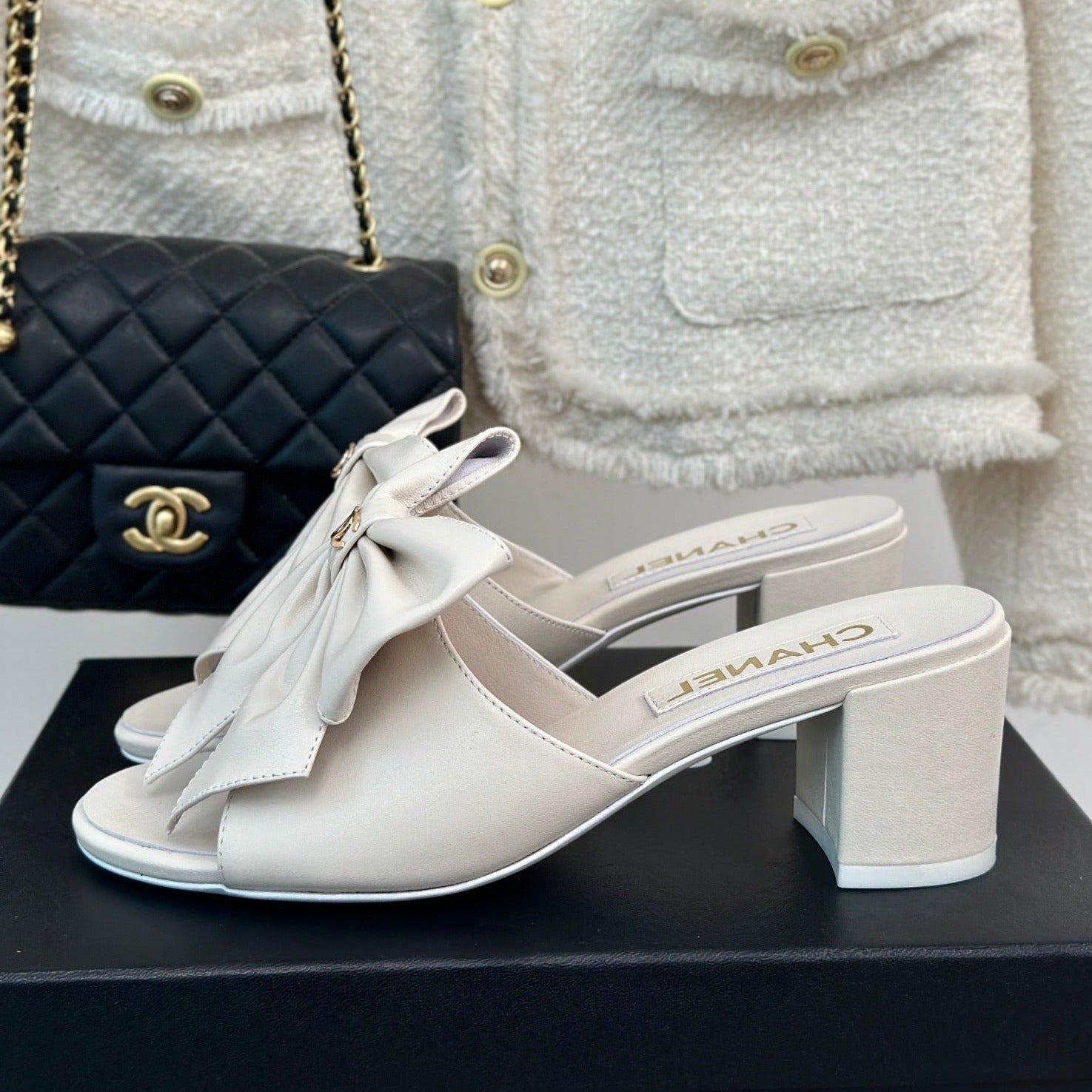 CHANEL Double  Big Bow High Heels Sheepskin White