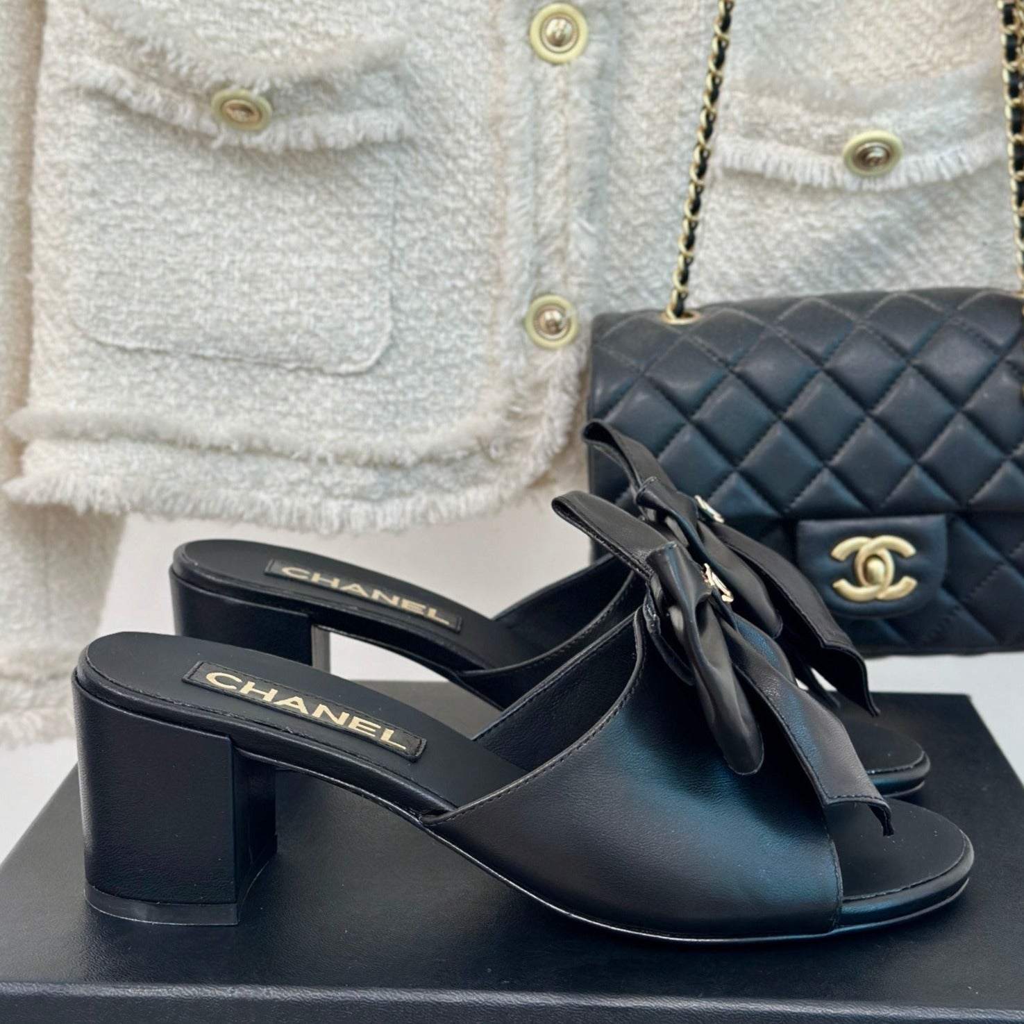 CHANEL Double  Big Bow High Heels Sheepskin Black