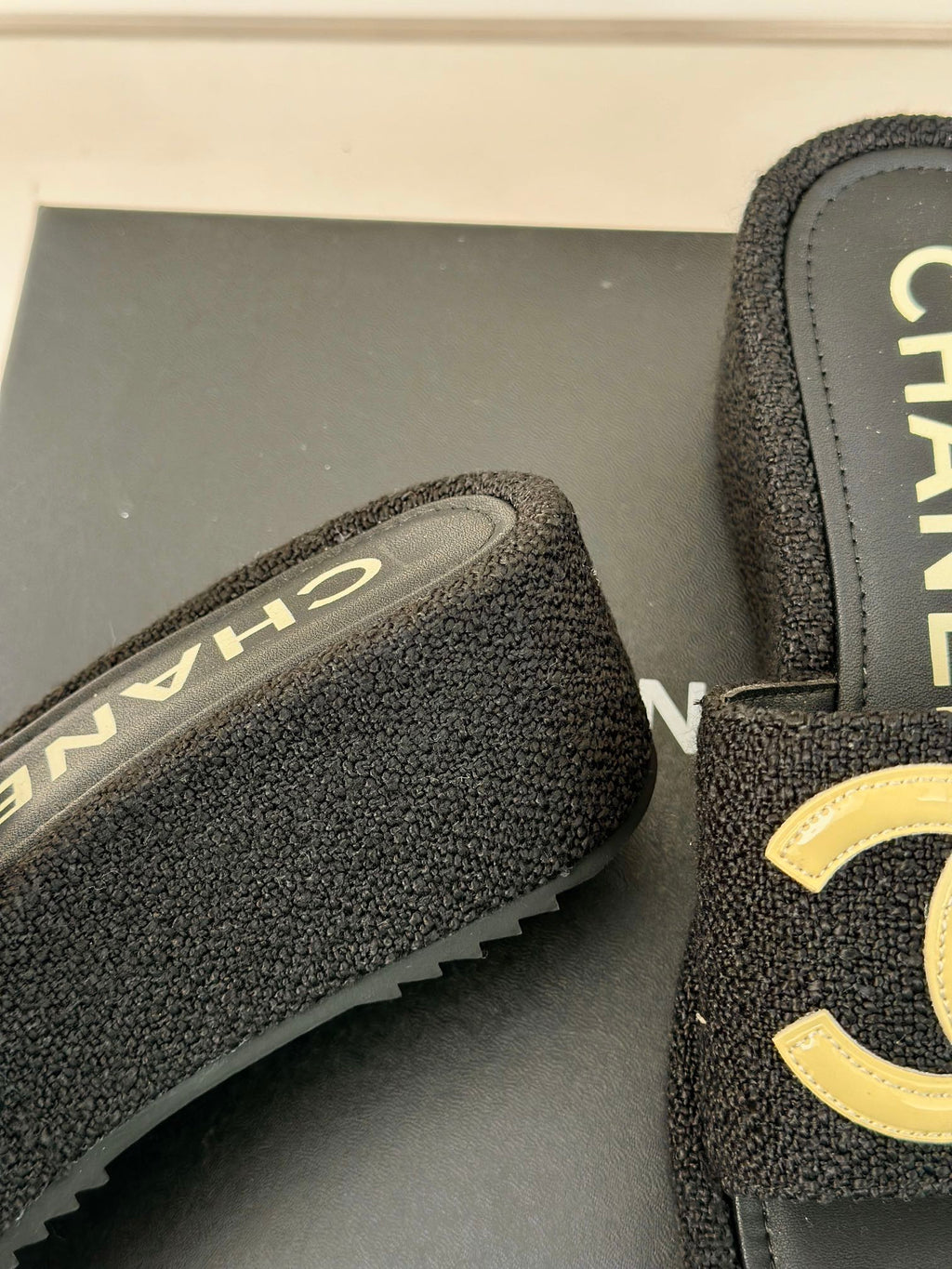 CHANEL CLASSIC SLIPPERS THICK SOLE IN BLACK TWEED