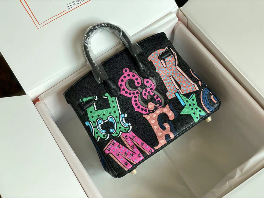 HERMES BIRKIN 25 BAG IN BLACK CALFSKIN WITH COLORFUL STICKER