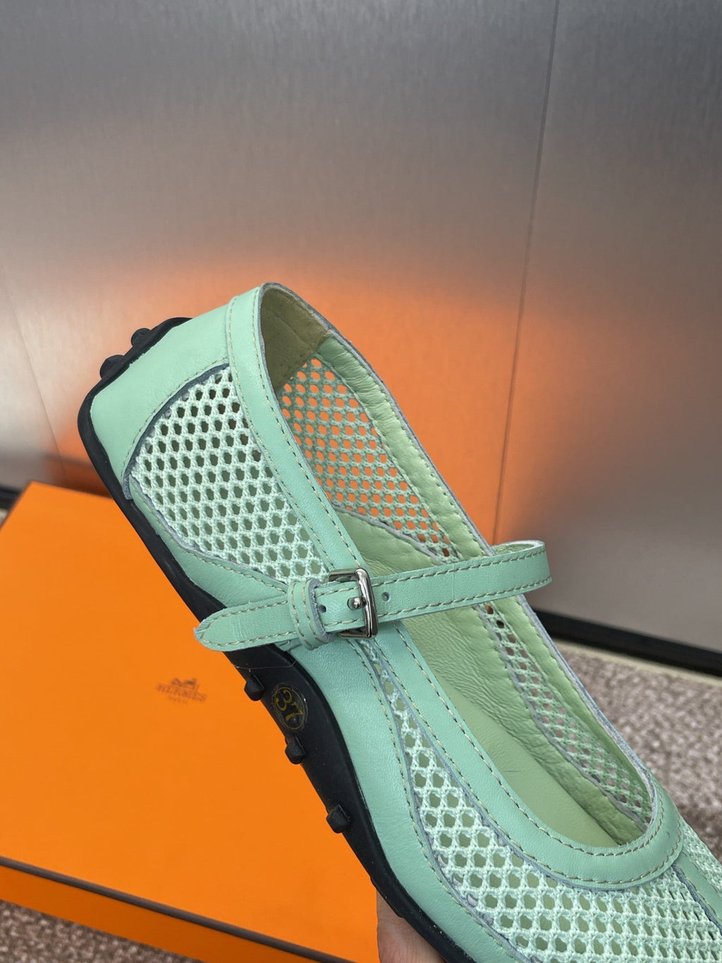 HERMES KICHU BALLET FLAT IN GREEN MINT CROCHET KNIT AND CALFSKIN
