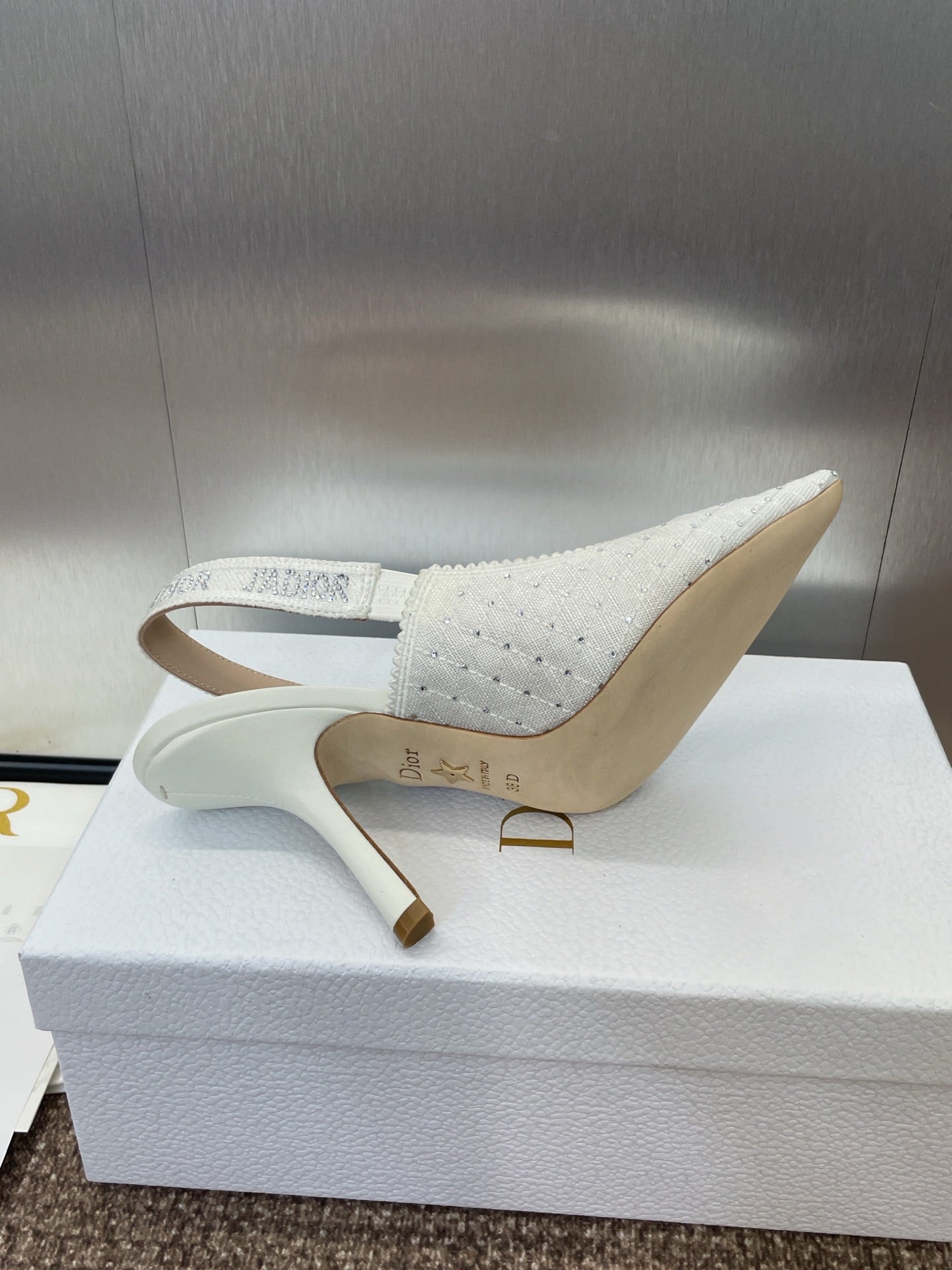 DIOR J'A SLINGBACK 25S PUMP 95MM IN WHITE FABRIC EMBOSSED CRYSTAL