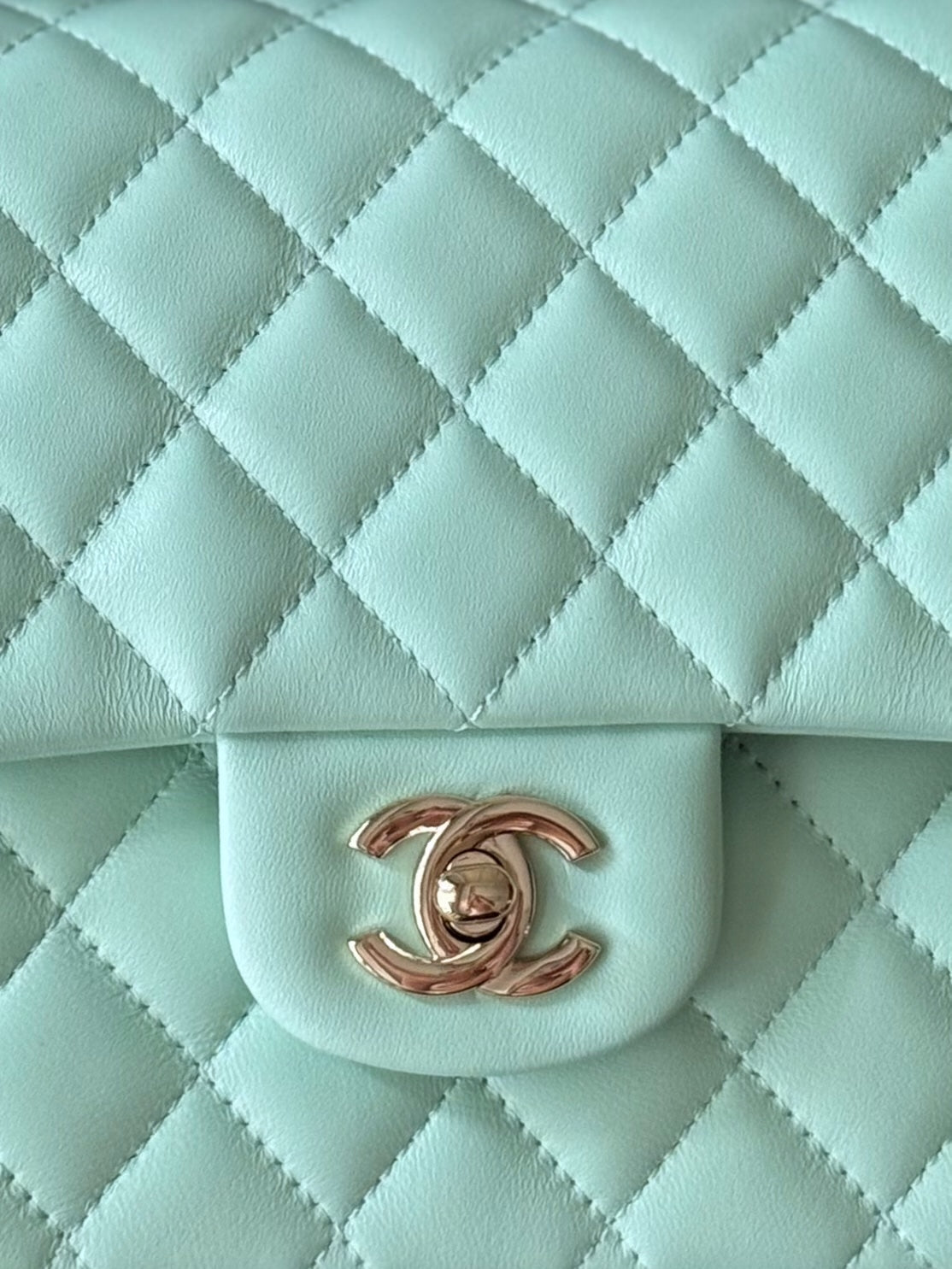 CHANEL 25S CLASSIC FLAP BAG 25 CM IN LIGHT CYAN BLUE LAMBSKIN WITH GOLD HARDWARE