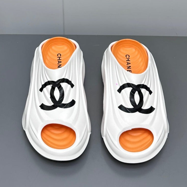 CHANEL New Double C Foam Lightweight Slippers Boat White Orange