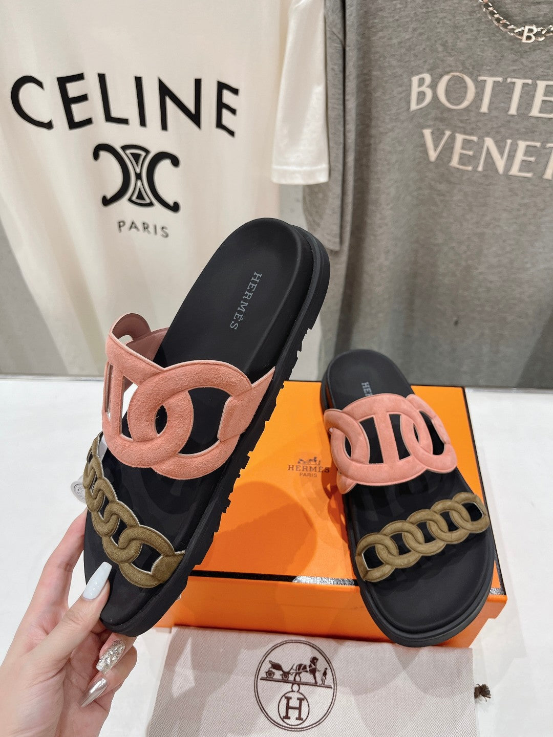 HERMES EXTRA SANDAL BLACK MIX PEACH MIX MOSS CALFSKIN