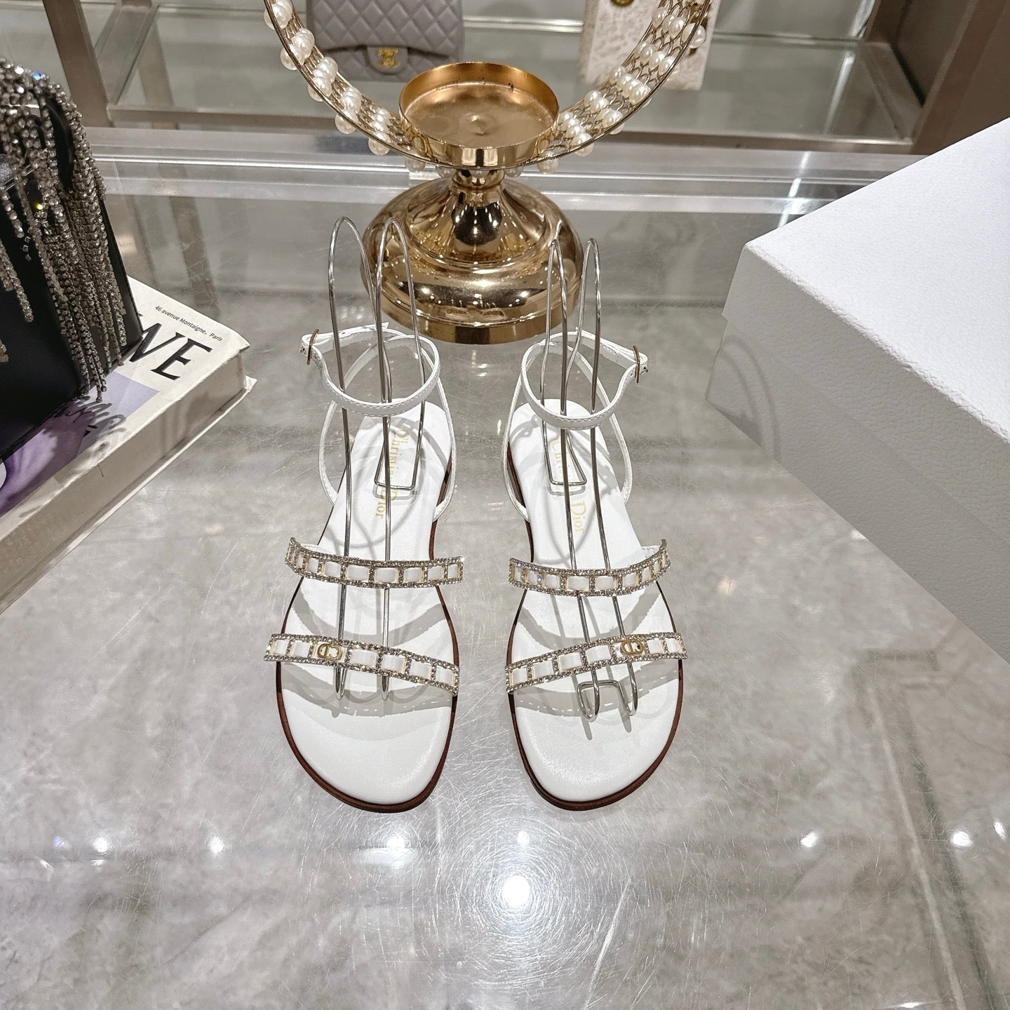 DIOR FLAT SANDALS 25S IN WHITE CALFSKIN RHINESTONES STRAP