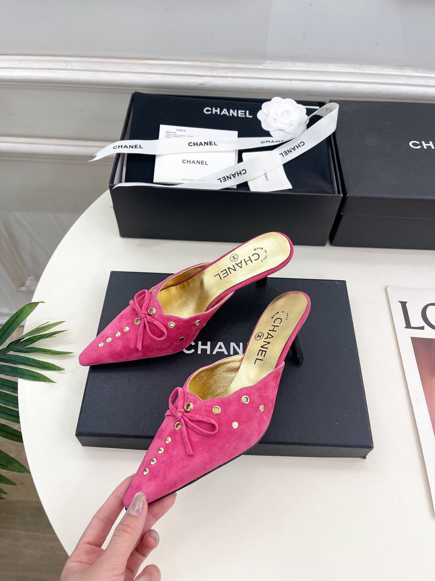 CHANEL HIGH 65 MM MULE IN DEEP PINK SUEDE