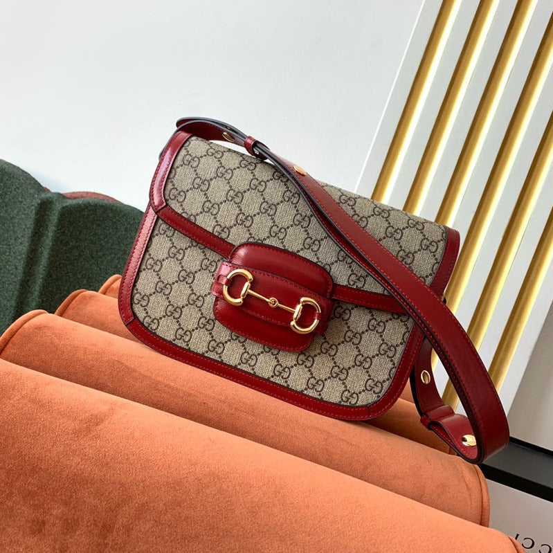 GUCCI 1955 Horsebit Bag 25cm Red Leather Beige Canvas Gold Hardware