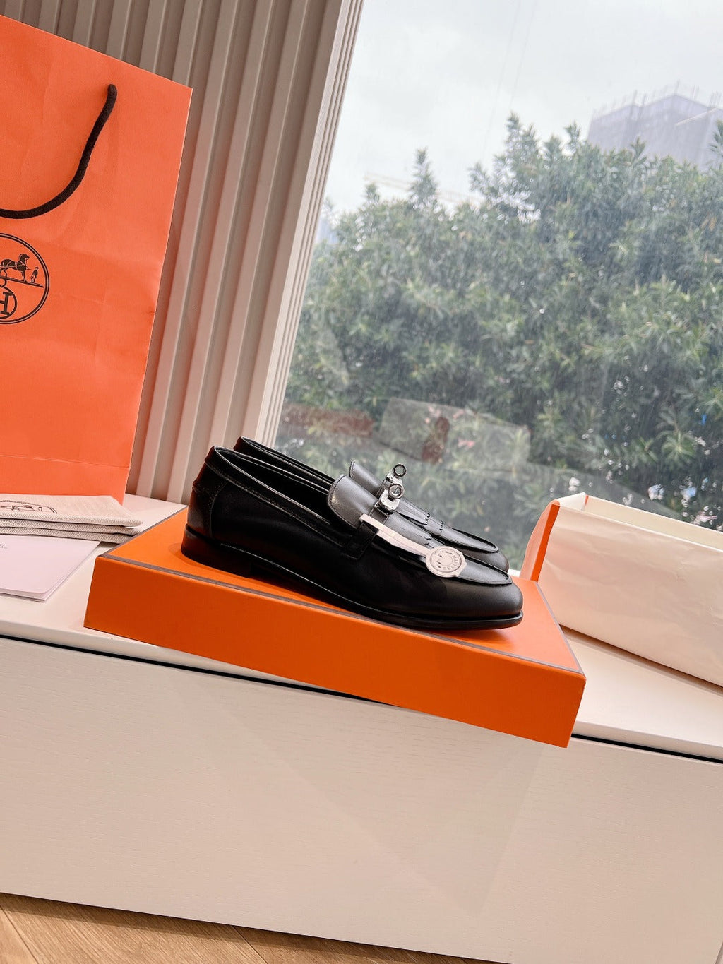 HERMES Destin Loafer Black Goatskin with Fringe Detail